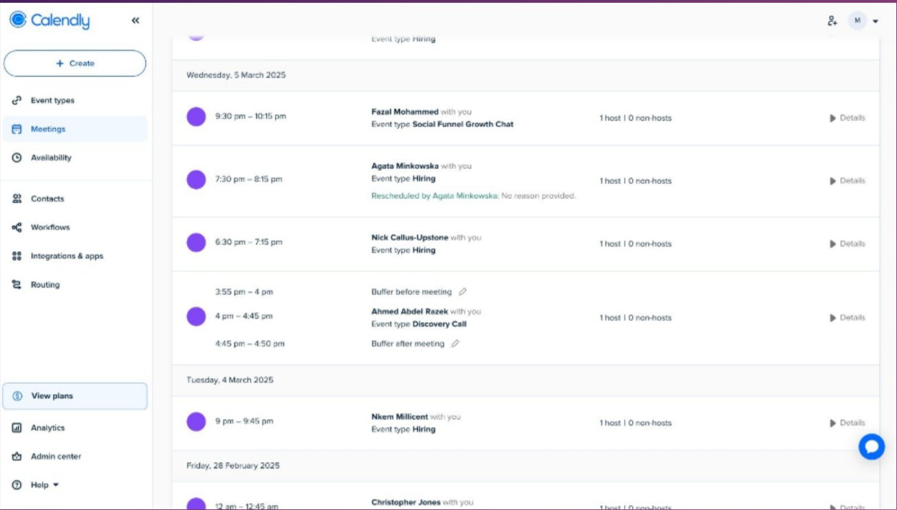 Booking calendar showing discovery calls and growth chats stacked across consecutive days